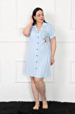 Moda Büyük Beden Penye Düğmeli Mavi Tunik Gecelik
