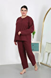 Moda Kadın Büyük Beden Uzun Kol Penye Pijama Takımı Bordo