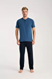 Moda Erkek İndigo Düğmeli Yaka Kısa Kol Pijama Takımı