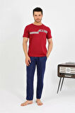 Moda Erkek Pamuk Kısa Kol Pijama Takım Bordo