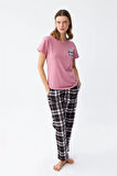 Moda Kadın Somon Ayıcık Baskılı Ekoseli Penye Pijama Takımı