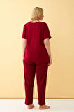 Moda Kadın Bordo Love Yazılı Büyük Beden Pijama Takımı