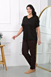 Moda Kadın Büyük Beden Kısa Kol Penye Pijama Takımı Siyah