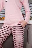 Moda Kadın Penye Uzun Kol Pijama Takım Pembe