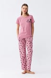 Moda Kadın Somon Kalp Desenli Kısa Kollu Penye Pijama Takımı