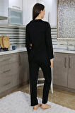 Moda Kadın Pamuk Penye Önden Düğmeli Uzun Kol Pijama Takım Siyah