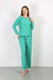 Moda Kadın Bürümcük Kumaş Pijama Takım Yeşil