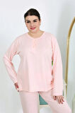 Moda Kadın Büyük Beden Uzun Kol Penye Pijama Takımı Pembe