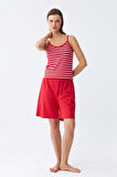 Moda Kadın İp Askılı Pamuk Penye Şortlu Takım Kırmızı