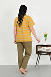 Moda Kadın Büyük Beden Kısa Kol Penye Pijama Takımı Sarı