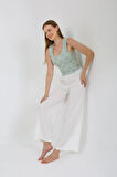 Moda Kadın Kalın Askılı Body Bol Paça Pantolon 2`li Takım Beyaz