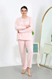Moda Kadın Büyük Beden Uzun Kol Penye Pijama Takımı Pembe