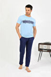 Moda Erkek Pamuk Kısa Kol Pijama Takım Mavi