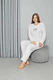 Moda Welsoft Polar Kadın Büyük Beden Pijama Takımı Ekru
