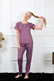Moda Kadın Mürdüm Kısa Kol Pijama Takım