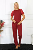 Moda Kadın Kolu Dantelli Penye Pijama Takım Bordo