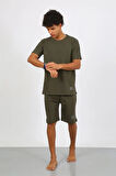Moda Erkek Pamuk Lakost Alt Üst Kaprili Pijama Takım Haki