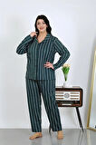 Moda Kadın Büyük Beden Pamuklu Cepli Düğmeli Petrol Pijama Takım