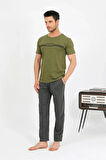 Moda Erkek Pamuk Kısa Kol Pijama Takım Haki