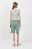 Moda Kadın Kalın Askılı Pamuk Penye Şortlu Crop Takım SuYeşili