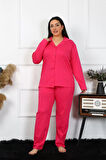 Moda Kadın Büyük Beden Pamuklu Cepli Düğmeli Fuşya Pijama Takım
