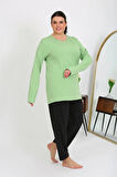 Moda Kadın Büyük Beden Uzun Kol Penye Pijama Takımı Fıstık Yeşili