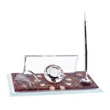 Kişiye Özel Türk Bayrak Tasarımlı Kristal Masa İsimliği - Kalemli ve Saatli Hediye