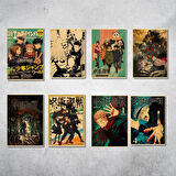 Vintage Anime Jujutsu Kaisen Gojo Satoru 8’li Duvar Posteri Seti – 21 x 15 cm Retro Kağıt Poster