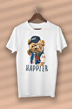 Teddy Bear Happier Baskılı Organik Pamuk Beyaz Unisex - Kadın - Erkek- T-shirt Nux Boutique