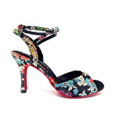 𝐀𝐋𝐌𝐄𝐑𝐎𝐀 | 𝐆𝐄𝐋𝐓𝐎𝐍𝐘® Siyah Zemin Üzerinde Renkli Çiçek Desenli Kırmızı Süet Tabanlı El Yapımı Kadın Topuklu Ayakkabı • Tango • Düğün • Gece