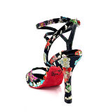 𝐀𝐋𝐌𝐄𝐑𝐎𝐀 | 𝐆𝐄𝐋𝐓𝐎𝐍𝐘® Siyah Zemin Üzerinde Renkli Çiçek Desenli Kırmızı Süet Tabanlı El Yapımı Kadın Topuklu Ayakkabı • Tango • Düğün • Gece