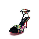 𝐀𝐋𝐌𝐄𝐑𝐎𝐀 | 𝐆𝐄𝐋𝐓𝐎𝐍𝐘® Siyah Zemin Üzerinde Renkli Çiçek Desenli Kırmızı Süet Tabanlı El Yapımı Kadın Topuklu Ayakkabı • Tango • Düğün • Gece