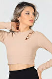 Kadın Bisiklet Yaka Omuz Halka Detaylı Crop Bluz