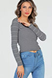 Kadın Kare Yaka Çizgili Kaşkorse Crop Body Bluz