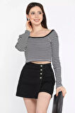 Kadın Kare Yaka Çizgili Kaşkorse Crop Body Bluz