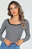 Kadın Kare Yaka Çizgili Kaşkorse Crop Body Bluz