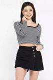 Kadın Kare Yaka Çizgili Kaşkorse Crop Body Bluz