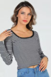 Kadın Kare Yaka Çizgili Kaşkorse Crop Body Bluz