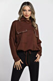 Yarım Balıkçı Yaka Çift Cepli Bel Bağlama Detaylı Şık Ve Konforlu Taşlı Sweatshirt