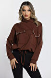 Yarım Balıkçı Yaka Çift Cepli Bel Bağlama Detaylı Şık Ve Konforlu Taşlı Sweatshirt