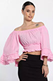Bel Büzgülü Bol Kesim Kollu Püskül Detaylı Crop Top Kadın Bluz