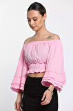 Bel Büzgülü Bol Kesim Kollu Püskül Detaylı Crop Top Kadın Bluz