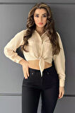 Çift Cepli Ön Bağlamalı Pileli Kadın Crop Top Gömlek