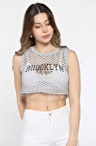Bisiklet Yaka Baskılı Ajurlu Kadın Crop Top Süveter