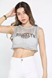 Bisiklet Yaka Baskılı Ajurlu Kadın Crop Top Süveter
