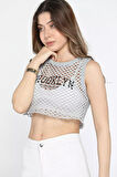 Bisiklet Yaka Baskılı Ajurlu Kadın Crop Top Süveter
