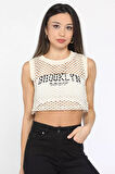 Bisiklet Yaka Baskılı Ajurlu Kadın Crop Top Süveter