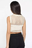 Bisiklet Yaka Baskılı Ajurlu Kadın Crop Top Süveter