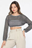 Bisiklet Yaka Ajurlu Uzun Kol Crop Top Triko Bluz