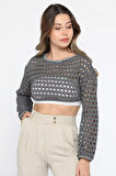 Bisiklet Yaka Ajurlu Uzun Kol Crop Top Triko Bluz